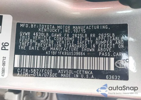2016 Toyota Camry Le z USA, uszkodzony, nr VIN 4T1BF1FK8GU539664